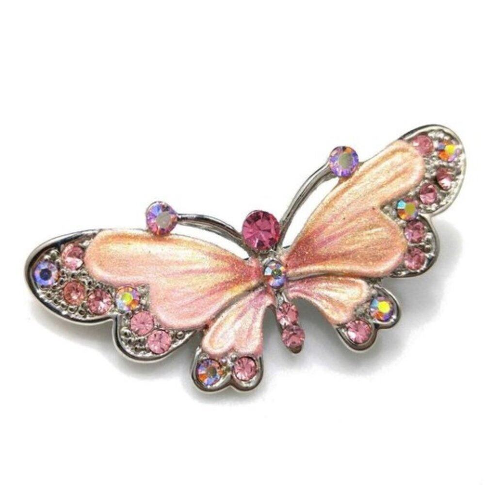 Vintage Pink Enamel Butterfly Brooch AB Rhinestones Silver Tone